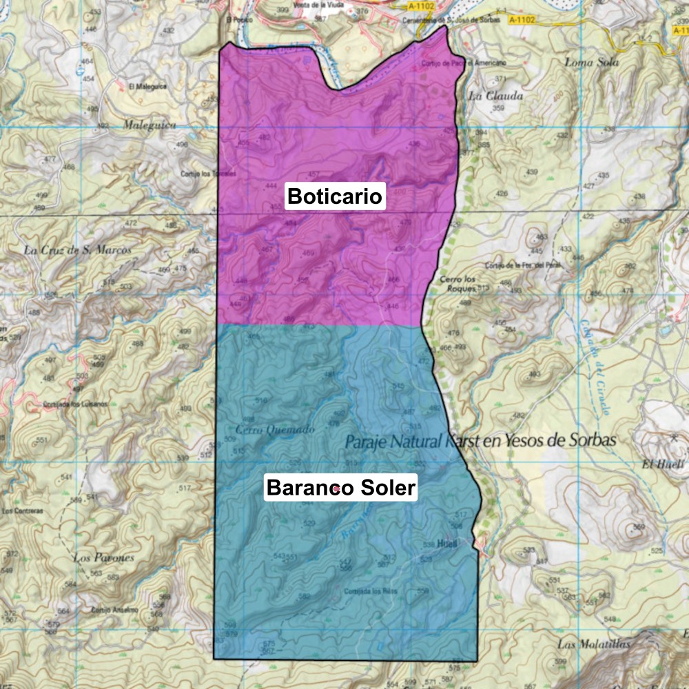División en zonas del Sector Infierno en el karst de Sorbas, Almería