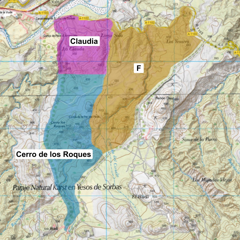 Representación de las zonas en el Sector Peral del karst de Sorbas