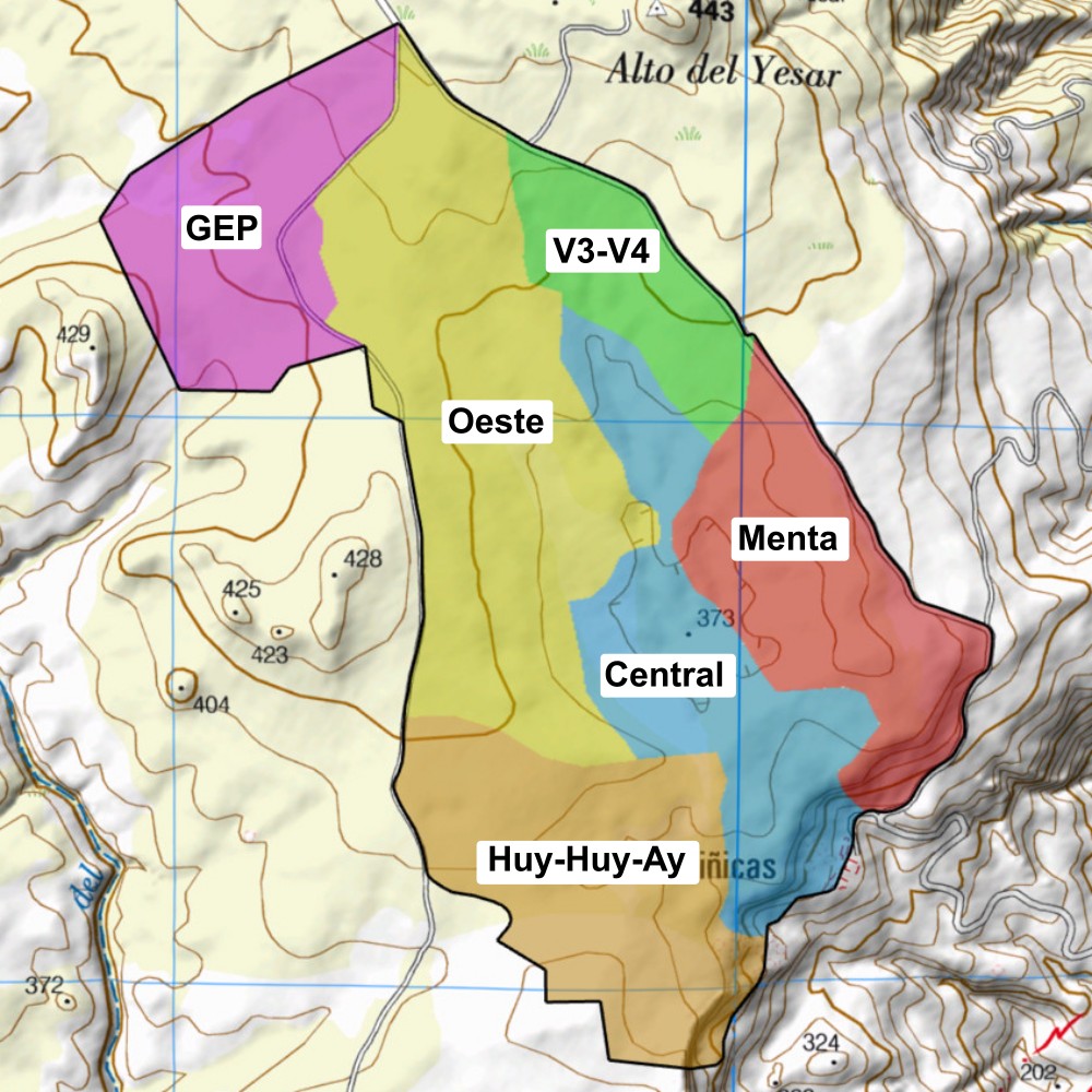 Mapa mostrando las zonas en el Sector Viñicas del karst de Sorbas