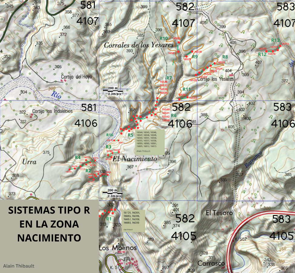 Mapa mostrando la ubicación de los Sistemas Tipo R en el karst de Sorbas, Almería, España